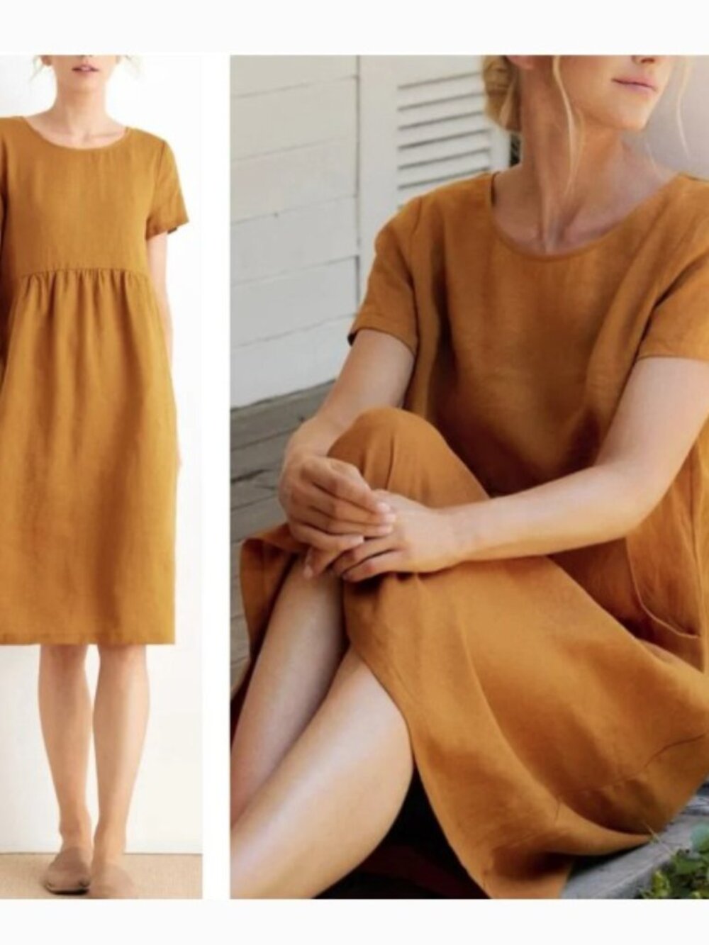 Short-Sleeve Gathered Dress in Rust